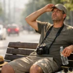 Persoană obosită într-o zi toridă de vară, sugerând căldura și scăderea energiei în activitățile obișnuite.