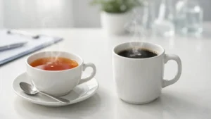Două băuturi fierbinți, ceai și cafea, sugerând atenția la temperatura de consum și riscul pentru esofag.