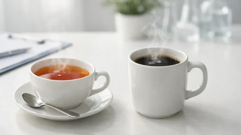 Două băuturi fierbinți, ceai și cafea, sugerând atenția la temperatura de consum și riscul pentru esofag.