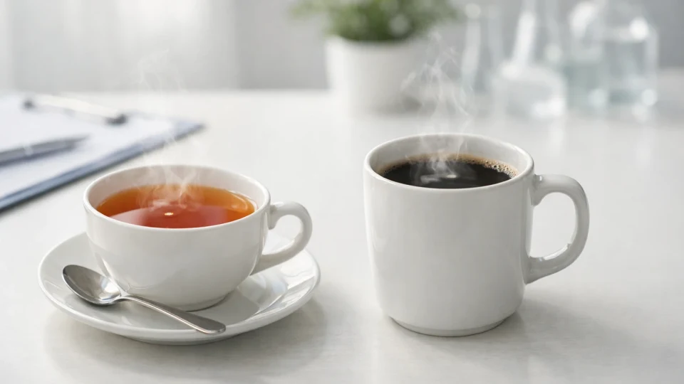 Două băuturi fierbinți, ceai și cafea, sugerând atenția la temperatura de consum și riscul pentru esofag.
