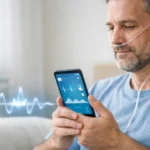 Pacient monitorizat cu ajutorul unui smartphone, sugerând analiza vocii pentru depistarea timpurie a agravării bolilor pulmonare.