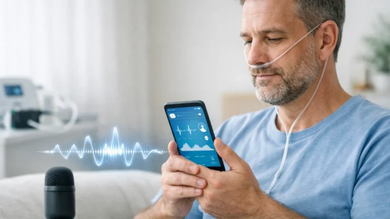 Pacient monitorizat cu ajutorul unui smartphone, sugerând analiza vocii pentru depistarea timpurie a agravării bolilor pulmonare.